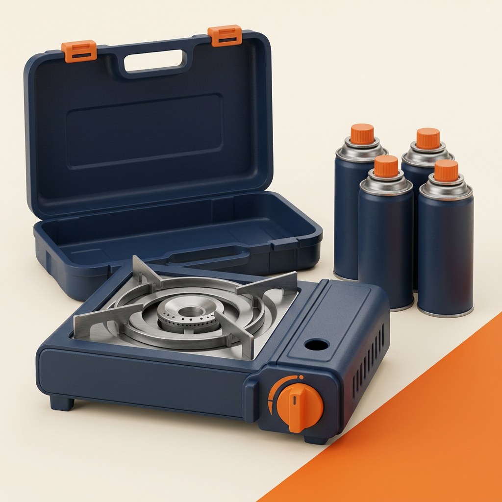 Original illustration of a Green Haven Portable Gas Stove with Carry Case & 4 Canisters