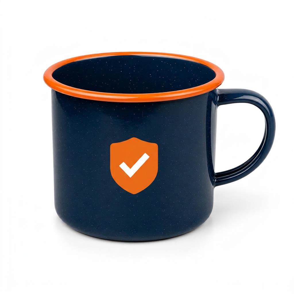 Enamel Camp Mug design concept in Navy / orange rim — front view
