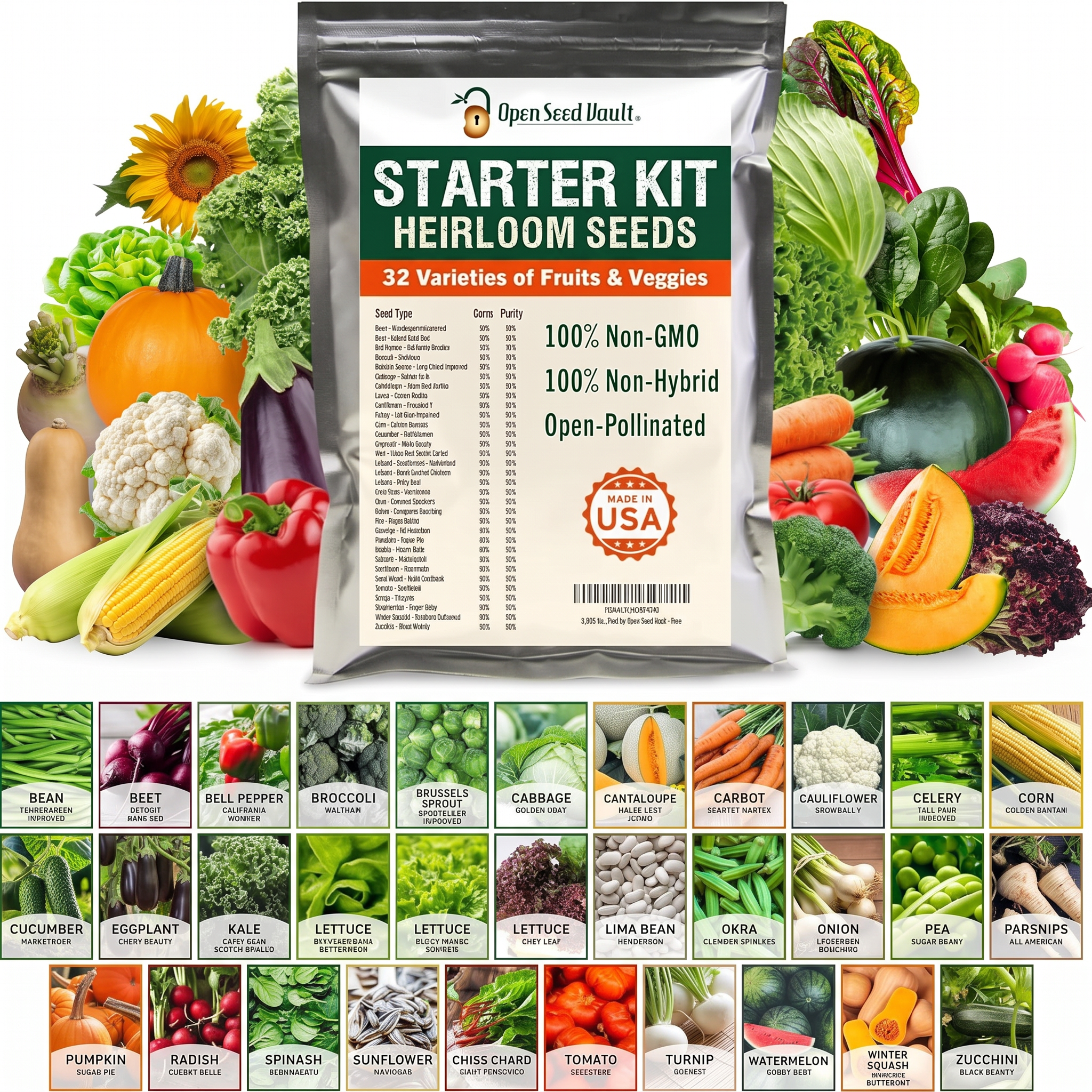 Open Seed Vault 15,000 Seed 32 Vegetable & Fruit Variety Garden